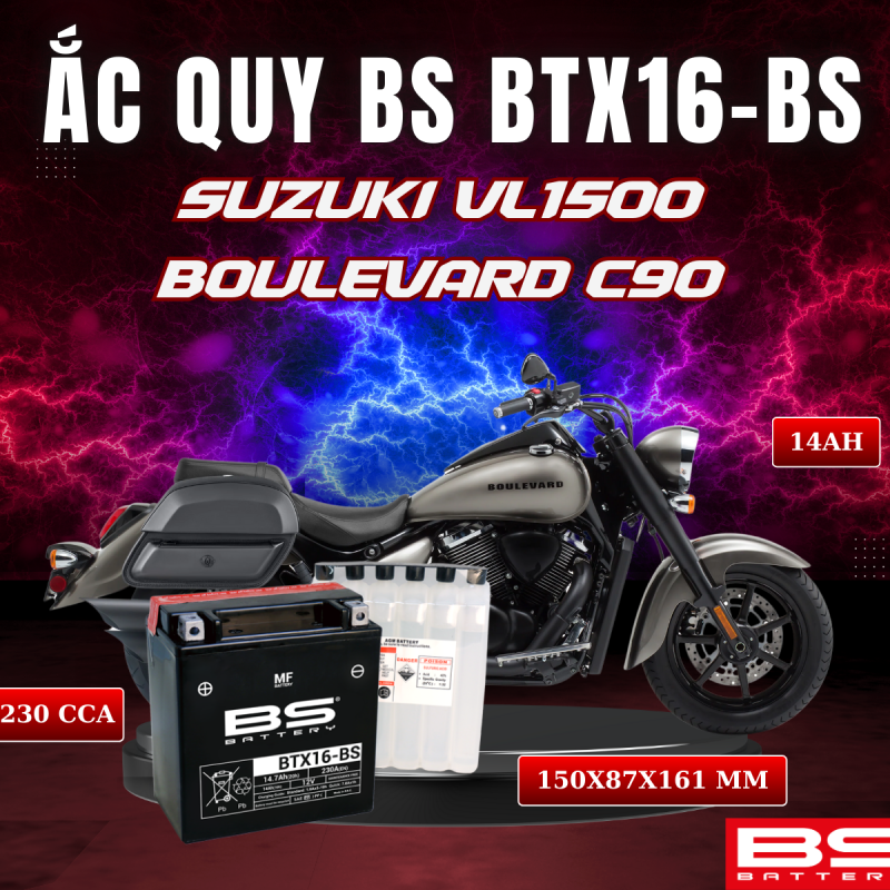 BÌNH ẮC QUY BS BTX16-BS 230CCA SUZUKI VL1500 BOULEVARD C90 (150x 87x 161mm)