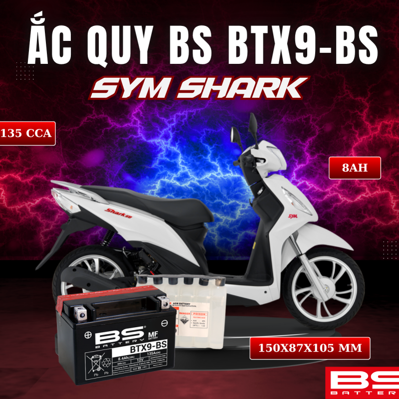 BÌNH ẮC QUY BS BATTERY BTX9-BS 135CCA SYM SHARK (150 x 87 x 105 mm)