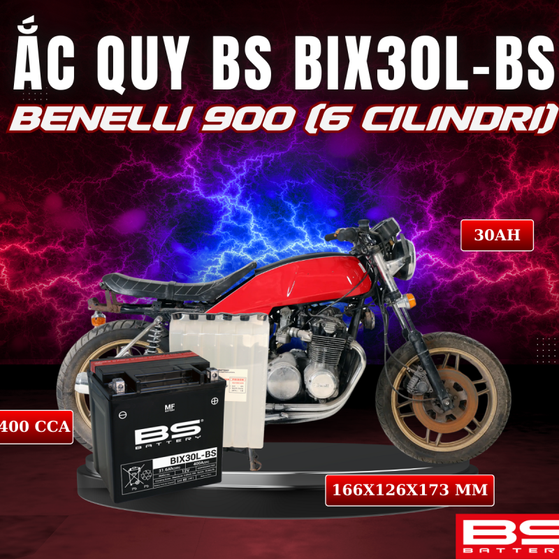 BÌNH ẮC QUY BS BIX30L-BS 400CCA BENELLI 900 (6CILINDRI) (166x126x173 mm)