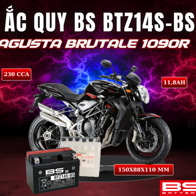 ẮC QUY BS BATTERY BTZ14S-BS 230CCA AGUSTA BRUTALE 1090R (150 x 88 x 110mm)