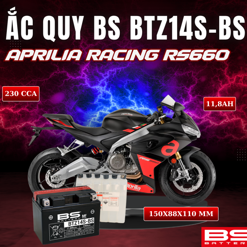 ẮC QUY BS BATTERY BTZ14S-BS 230CCA APRILIA RACING RS660 (150 x 88 x 110mm)