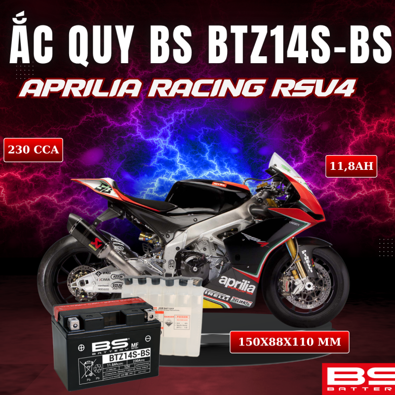 ẮC QUY BS BATTERY BTZ14S-BS 230CCA APRILIA RACING RSV4 (150 x 88 x 110mm)