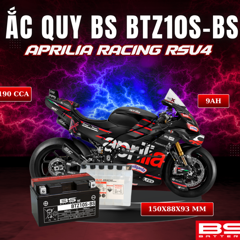 ẮC QUY BS BATTERY BTZ10S-BS 190CCA APRILIA RACING RSV4 (150 x 88 x 93 mm)