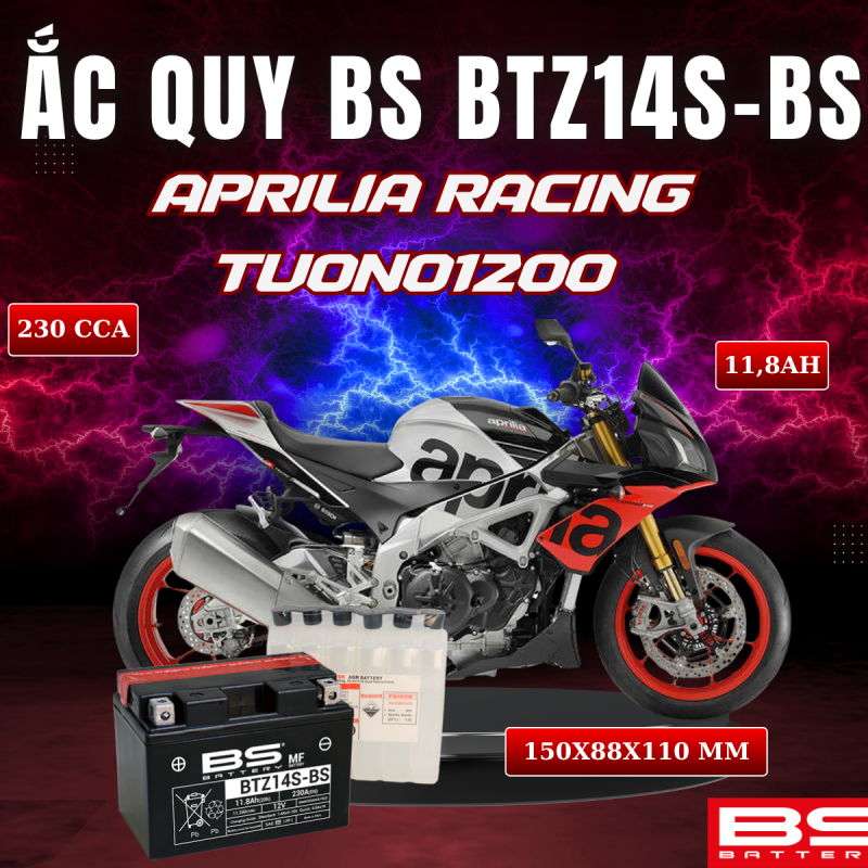 ẮC QUY BS BATTERY BTZ14S-BS 230CCA APRILIA RACING TUONO1200 (150 x 88 x 110mm)