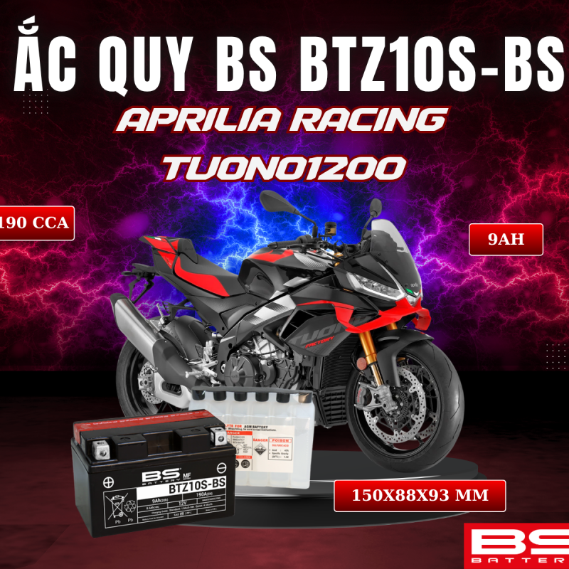 ẮC QUY BS BATTERY BTZ10S-BS 190CCA APRILIA RACING TUONO1200 (150 x 88 x 93 mm)