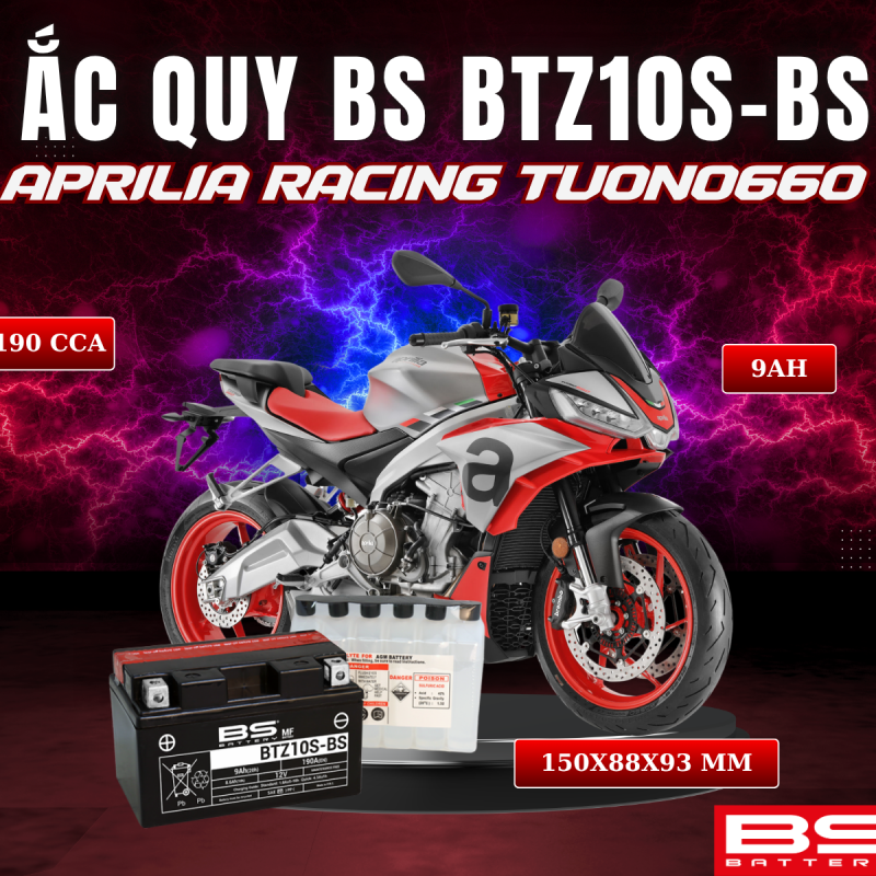 ẮC QUY BS BATTERY BTZ10S-BS 190CCA APRILIA RACING TUONO660 (150 x 88 x 93 mm)