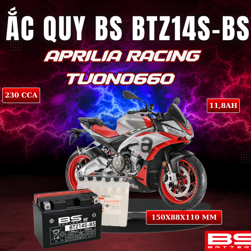 ẮC QUY BS BATTERY BTZ14S-BS 230CCA APRILIA RACING TUONO660 (150 x 88 x 110mm)
