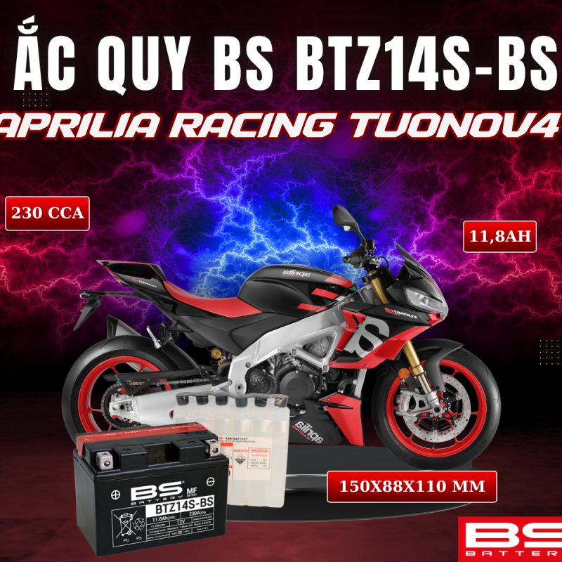 ẮC QUY BS BATTERY BTZ14S-BS 230CCA APRILIA RACING TUONOV4 (150 x 88 x 110mm)