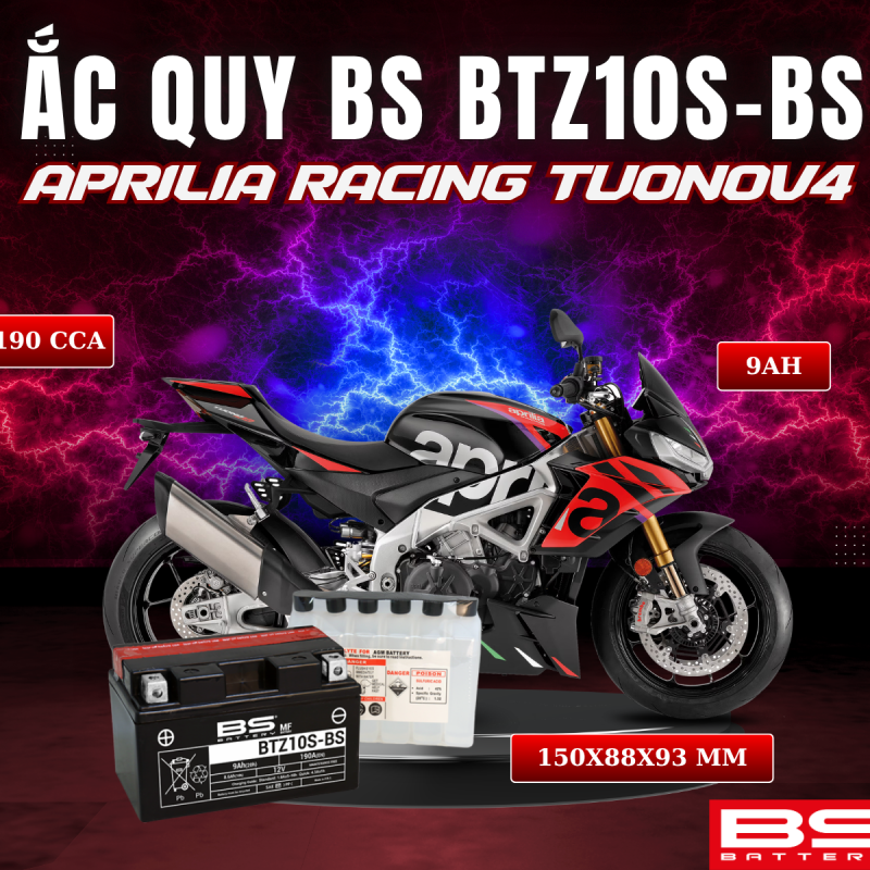 ẮC QUY BS BATTERY BTZ10S-BS 190CCA APRILIA RACING TUONOV4 (150 x 88 x 93 mm)