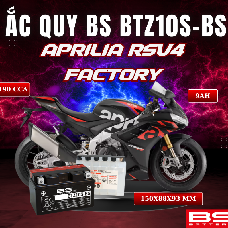 ẮC QUY BS BATTERY BTZ10S-BS 190CCA APRILIA RSV4 FACTORY (150 x 88 x 93 mm)