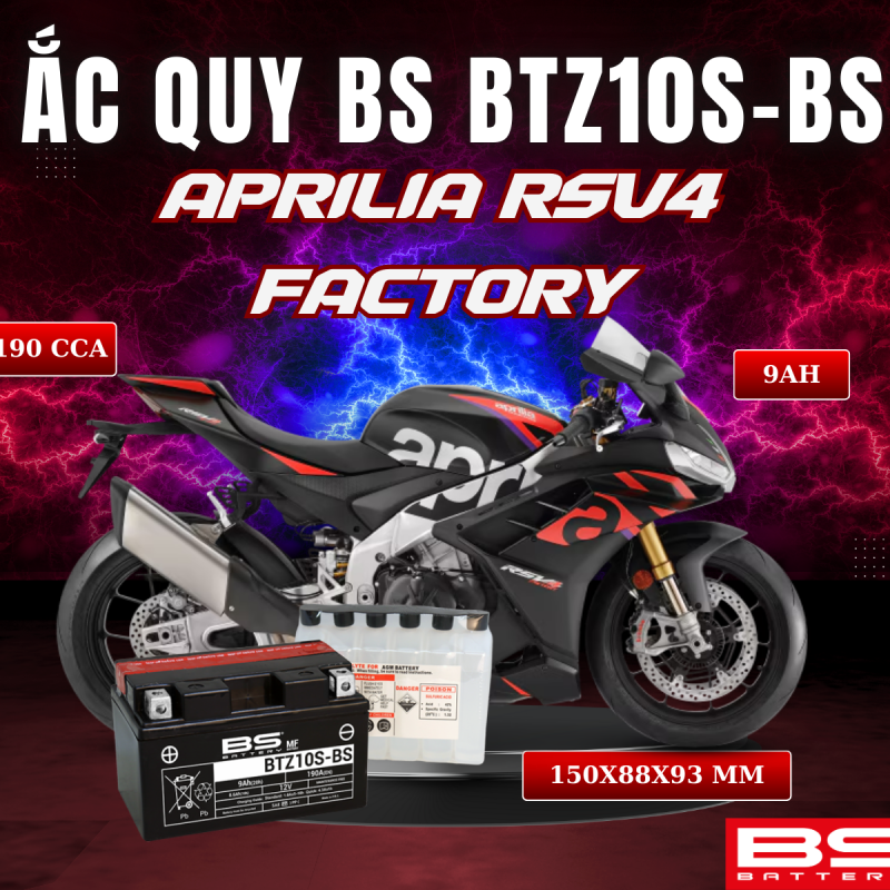 BÌNH ẮC QUY BS BATTERY BTZ10S-BS 190CCA APRILIA RSV4 FACTORY (150 x 88 x 93 mm)