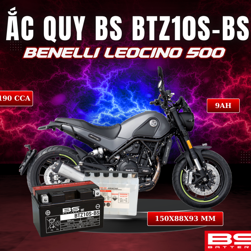 ẮC QUY BS BATTERY BTZ10S-BS 190CCA BENELLI LEOCINO 500 (150 x 88 x 93 mm)
