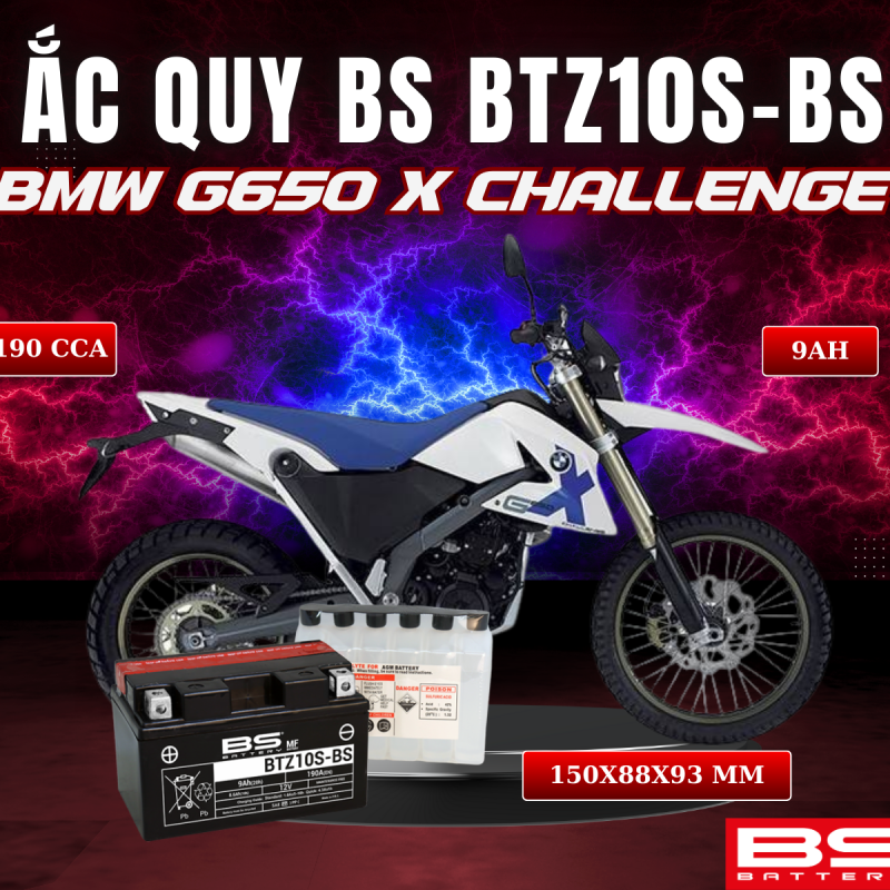 BÌNH ẮC QUY BS BATTERY BTZ10S-BS 190CCA BMW G650 X CHALLENGE (150 x 88 x 93 mm)