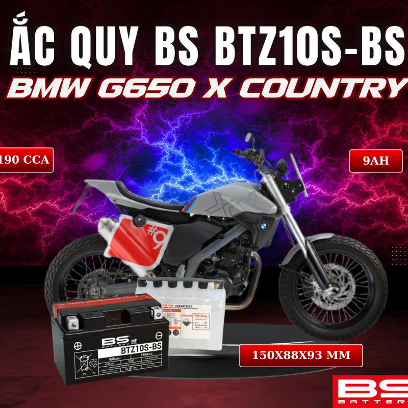 BÌNH ẮC QUY BS BATTERY BTZ10S-BS 190CCA BMW G650 X COUNTRY (150 x 88 x 93 mm)