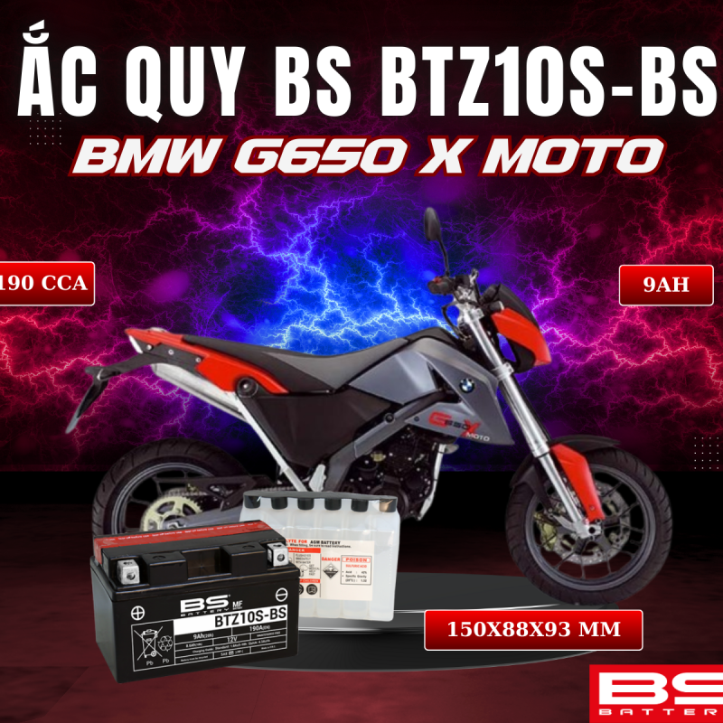 BÌNH ẮC QUY BS BATTERY BTZ10S-BS 190CCA BMW G650 X MOTO (150 x 88 x 93 mm)