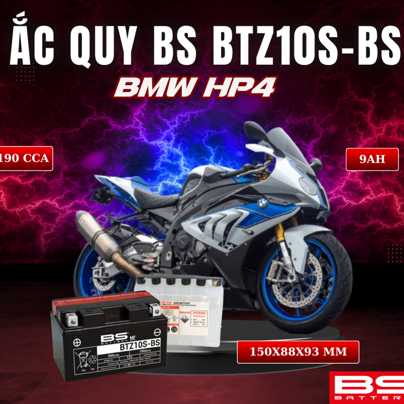BÌNH ẮC QUY BS BATTERY BTZ10S-BS 190CCA BMW HP4 (150 x 88 x 93 mm)