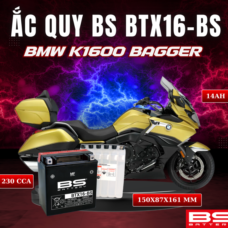 BÌNH ẮC QUY BS BTX16-BS 230CCA BMW K1600 BAGGER (150x 87x 161mm)