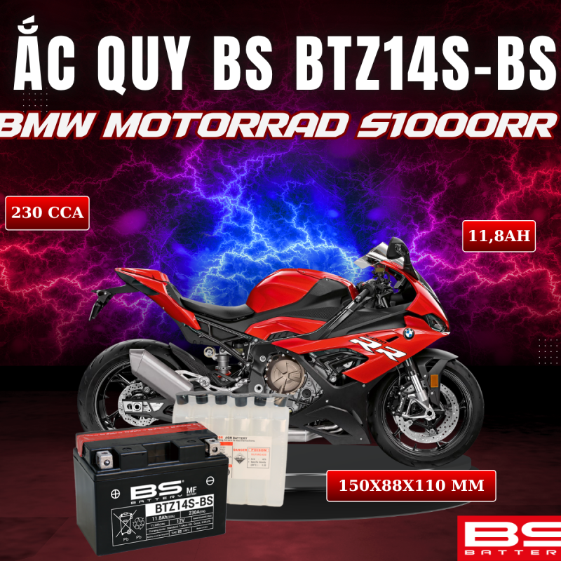 ẮC QUY BS BATTERY BTZ14S-BS 230CCA BMW MOTORRAD S1000RR (150 x 88 x 110mm)