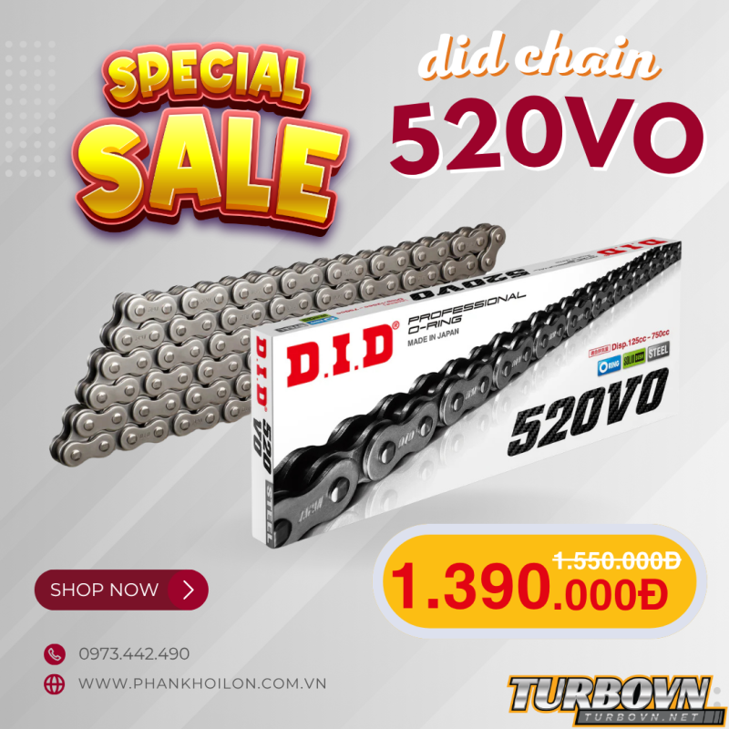 Sên DID 520VO Oring 120T cho xe PKL chính hãng Nhật