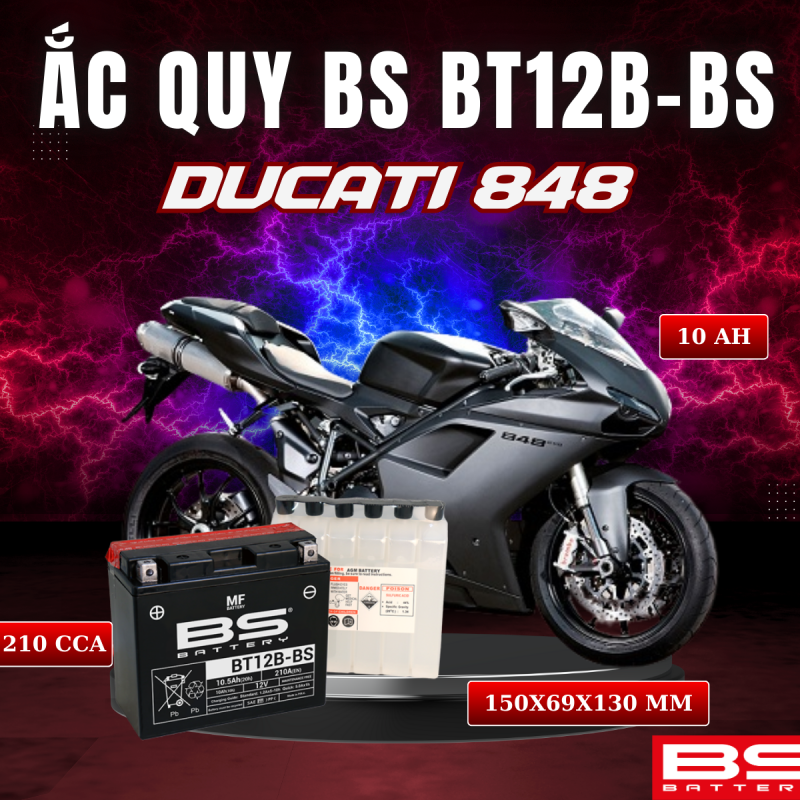 BÌNH ẮC QUY BS BT12B-BS 210CCA DUCATI 848 (150x69x130 mm)