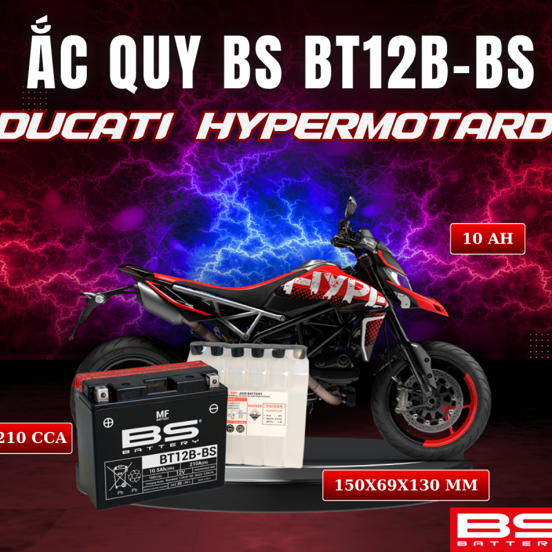 BÌNH ẮC QUY BS BT12B-BS 210CCA DUCATI HYPERMOTARD (150x69x130 mm)