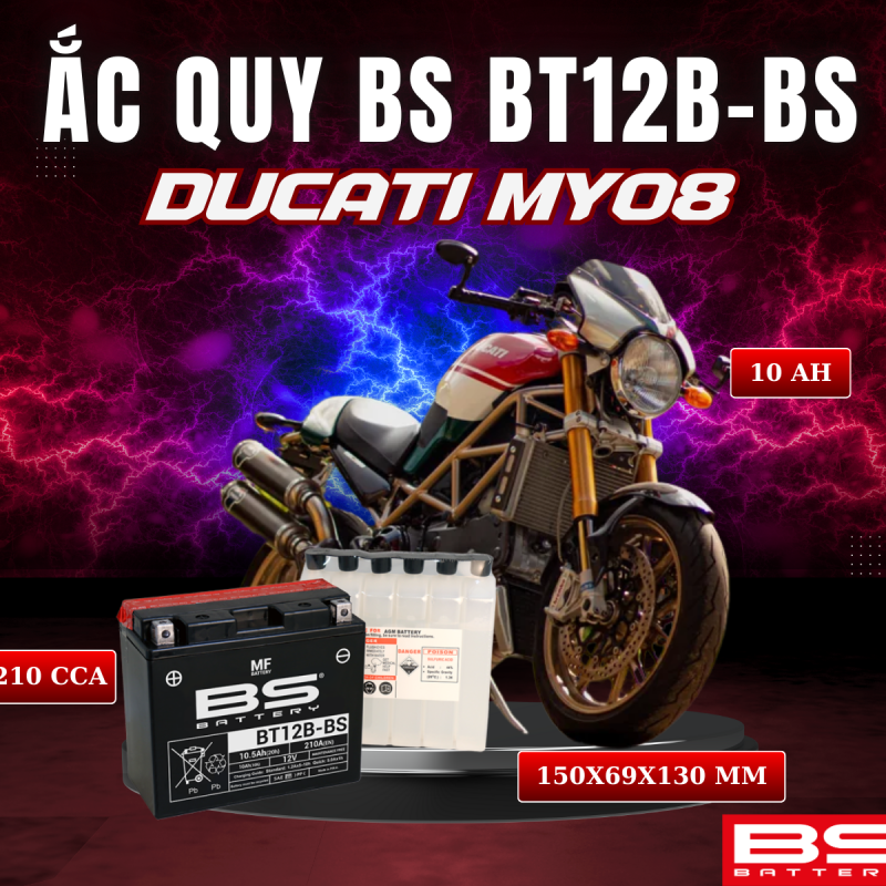 BÌNH ẮC QUY BS BT12B-BS 210CCA DUCATI MY08 (150x69x130 mm)