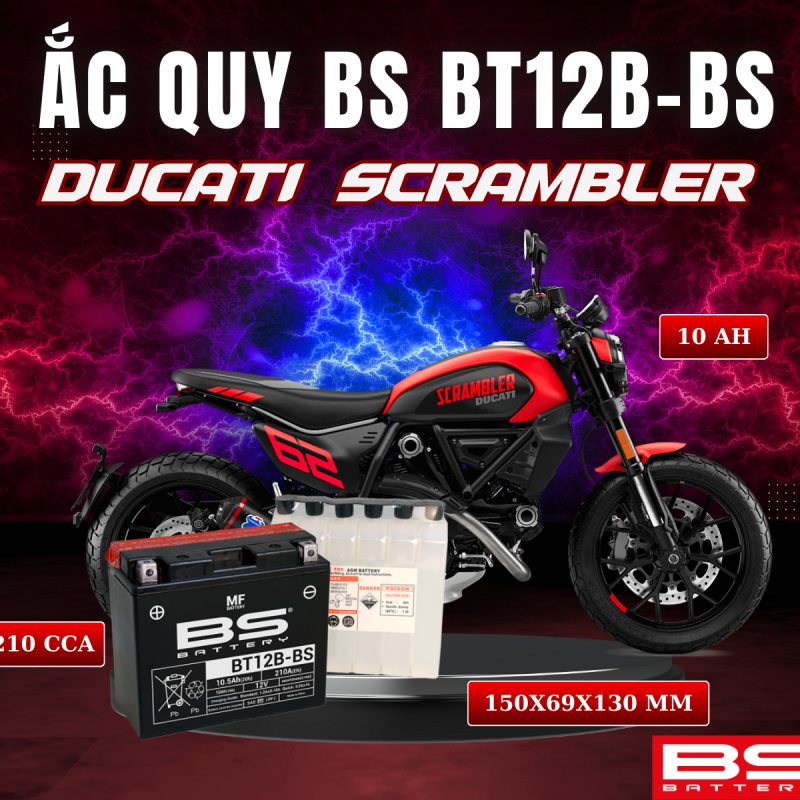 BÌNH ẮC QUY BS BT12B-BS 210CCA TRIUMPH SCRAMBLER (150x69x130 mm)