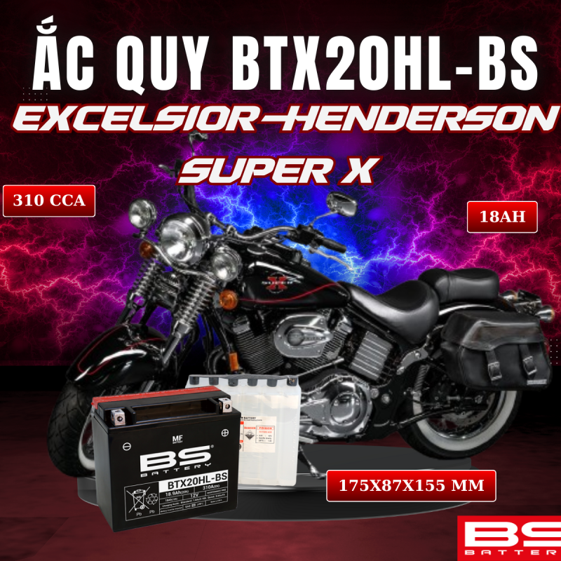 BÌNH ẮC QUY BS BTX20HL-BS 310CCA EXCELSIOR-HENDERSON SUPER X (175x87x155 mm)