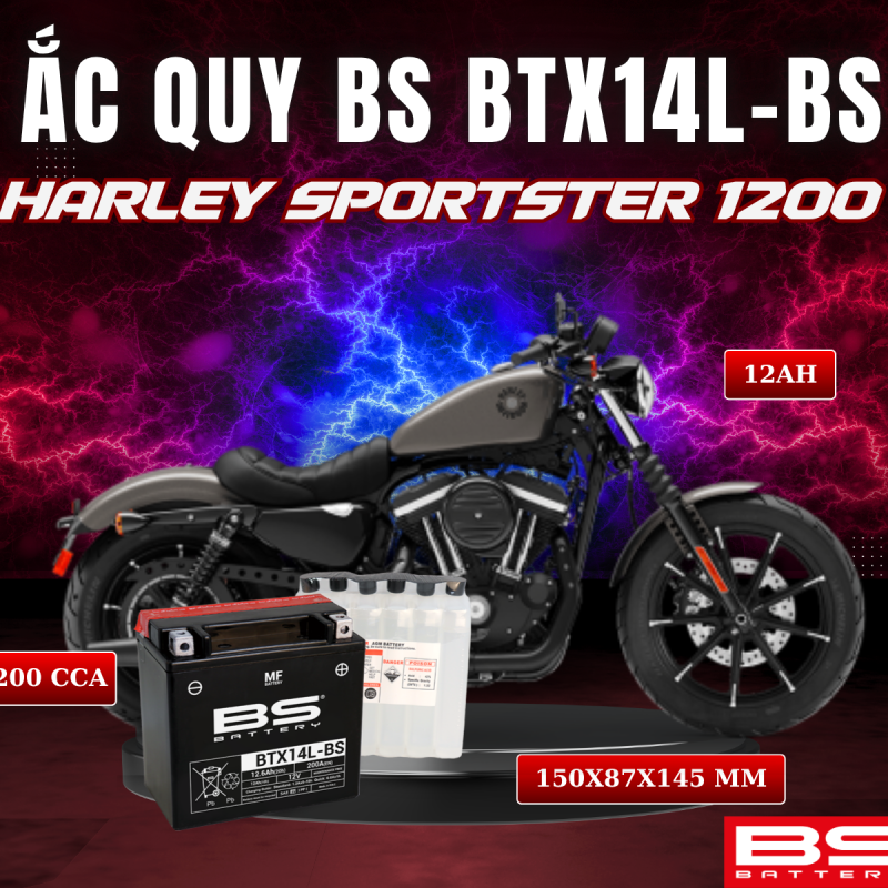 ẮC QUY BS BTX14L-BS 200CCA HARLEY SPORTSTER 1200 (150x87x145 mm)