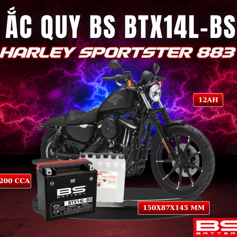 ẮC QUY BS BTX14L-BS 200CCA HARLEY SPORTSTER 883 (150x87x145 mm)