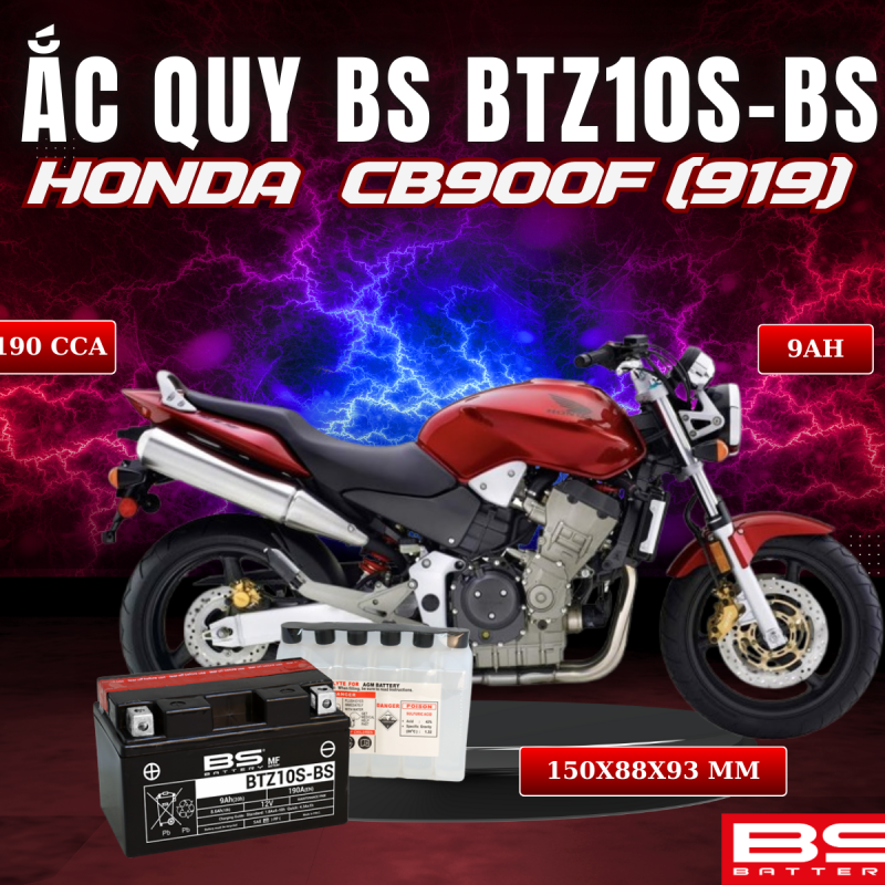 BÌNH ẮC QUY BS BATTERY BTZ10S-BS 190CCA HONDA CB900F (919) (150 x 88 x 93 mm)
