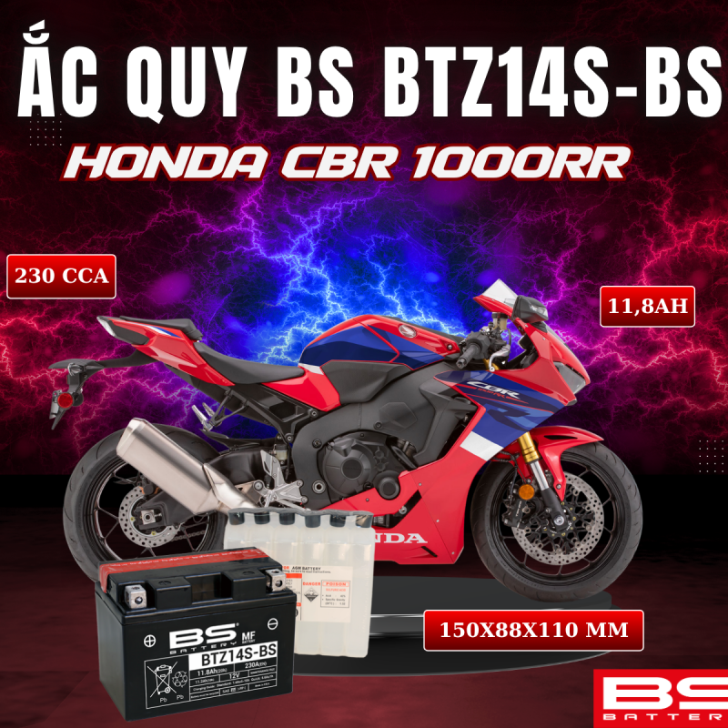 ẮC QUY BS BATTERY BTZ14S-BS 230CCA HONDA CBR 1000RR (150 x 88 x 110mm)