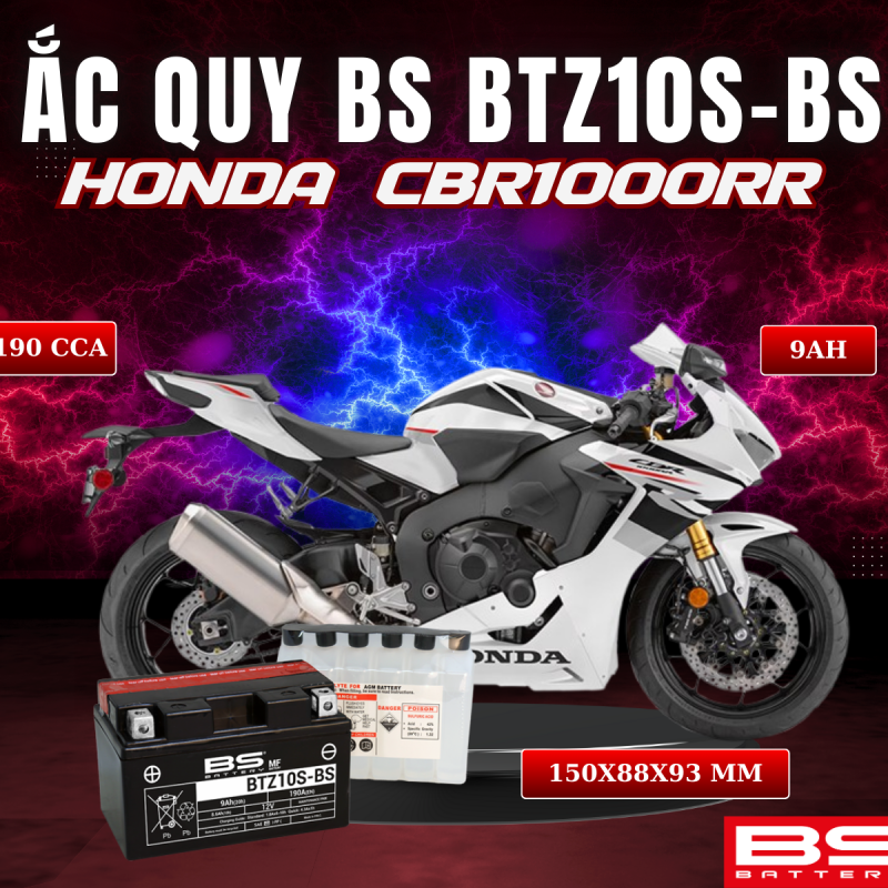 BÌNH ẮC QUY BS BATTERY BTZ10S-BS 190CCA HONDA CBR1000RR (150 x 88 x 93 mm)