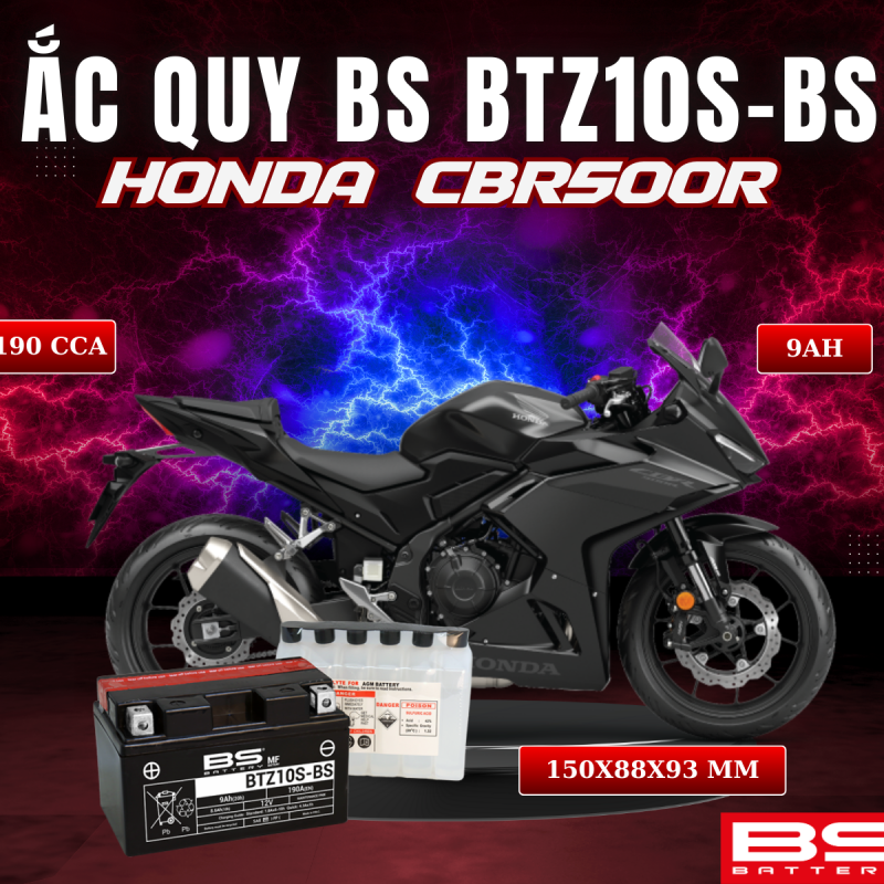 BÌNH ẮC QUY BS BATTERY BTZ10S-BS 190CCA HONDA CBR500R (150 x 88 x 93 mm)