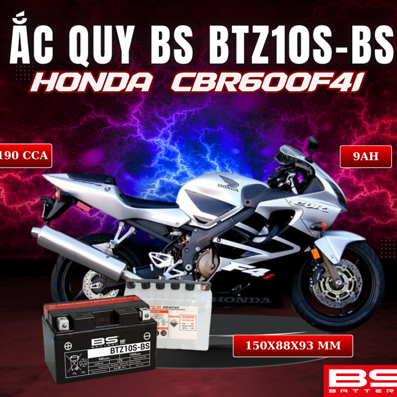 BÌNH ẮC QUY BS BATTERY BTZ10S-BS 190CCA HONDA CBR600F4I (150 x 88 x 93 mm)