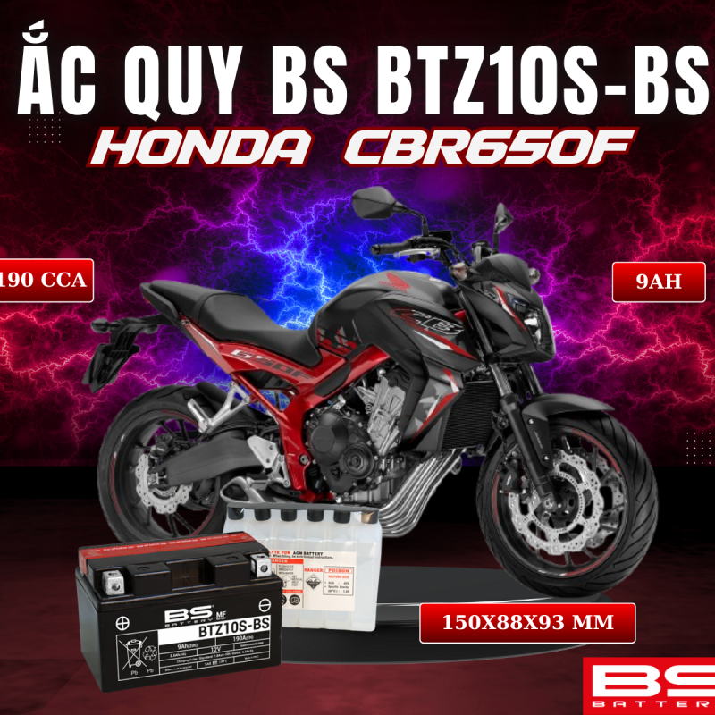 BÌNH ẮC QUY BS BATTERY BTZ10S-BS 190CCA HONDA CBR650F (150 x 88 x 93 mm)