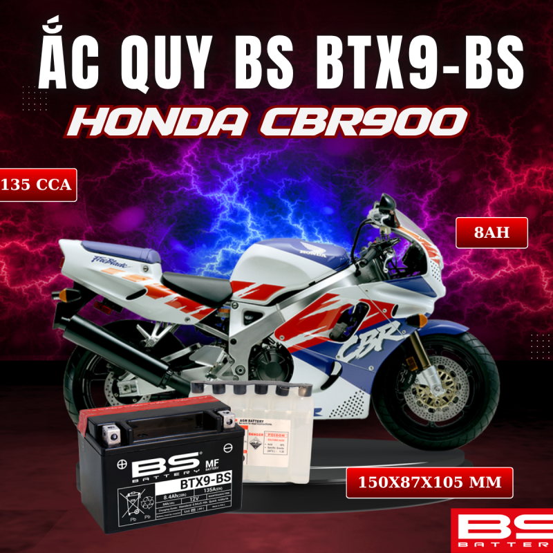 BÌNH ẮC QUY BS BATTERY BTX9-BS 135CCA HONDA CBR900 (150 x 87 x 105 mm)