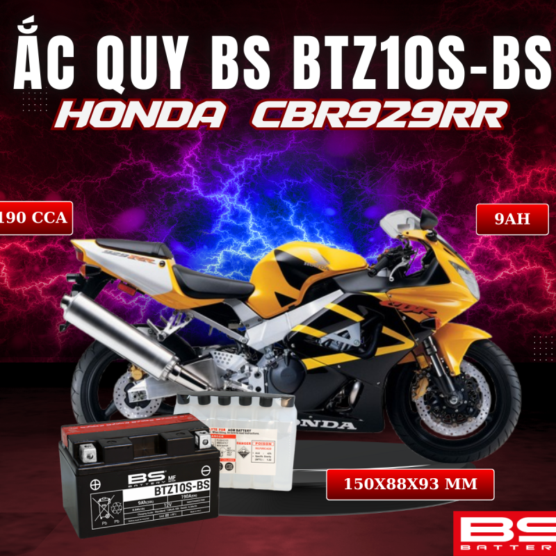BÌNH ẮC QUY BS BATTERY BTZ10S-BS 190CCA HONDA CBR929RR (150 x 88 x 93 mm)