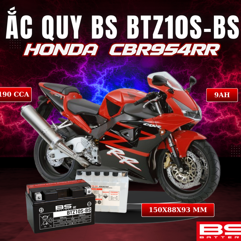 BÌNH ẮC QUY BS BATTERY BTZ10S-BS 190CCA HONDA CBR954RR (150 x 88 x 93 mm)