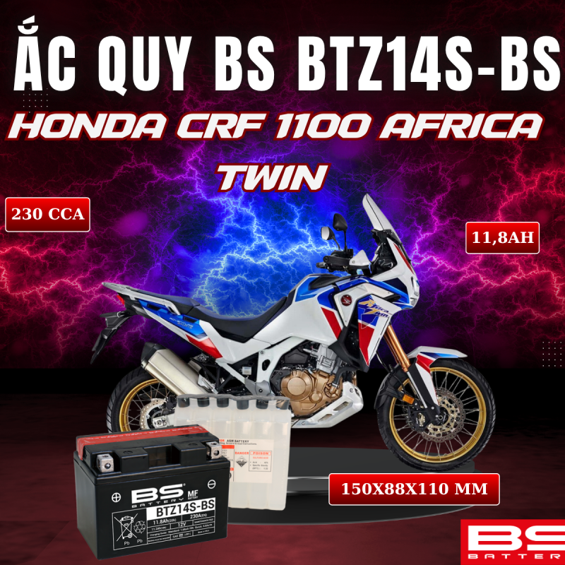 ẮC QUY BS BATTERY BTZ14S-BS 230CCA HONDA CRF 1100 AFRICA TWIN (150 x 88 x 110mm)