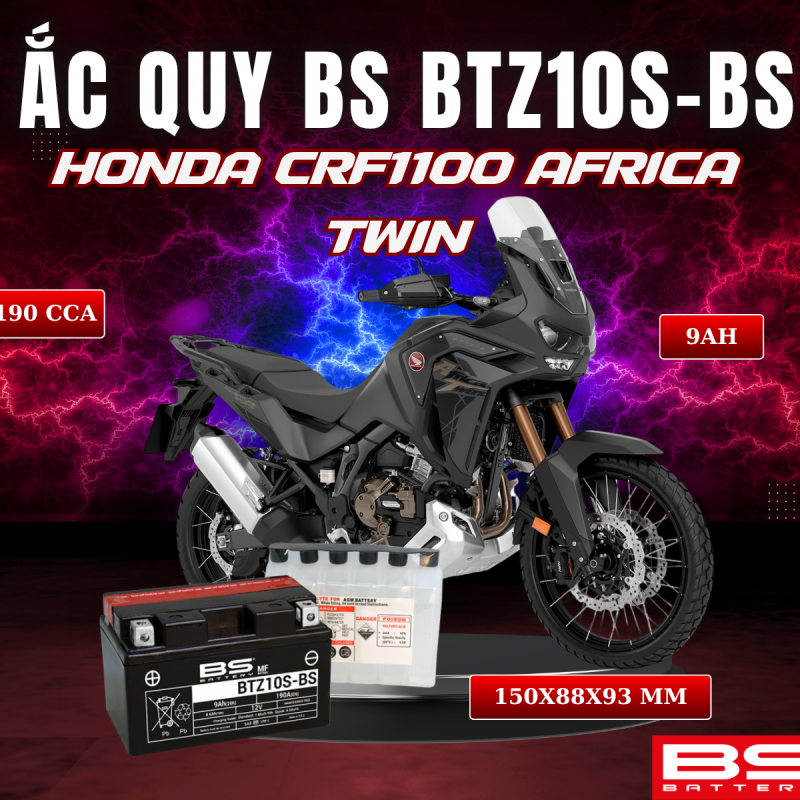 ẮC QUY BS BATTERY BTZ10S-BS 190CCA HONDA CRF 1100 AFRICA TWIN (150 x 88 x 93 mm)