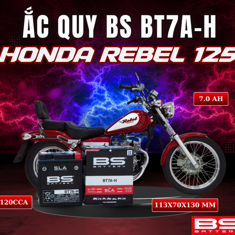 BÌNH ẮC QUY BS BT7A-H 120CCA HONDA REBEL 125 (113x70x130 mm)