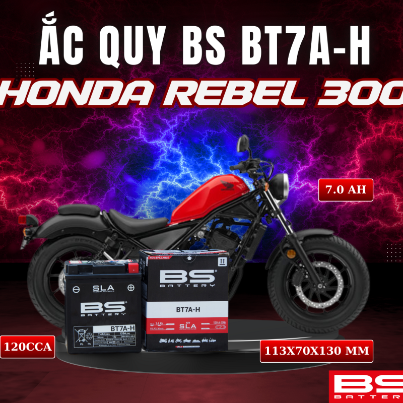 BÌNH ẮC QUY BS BT7A-H 120CCA HONDA REBEL 300 (113x70x130 mm)
