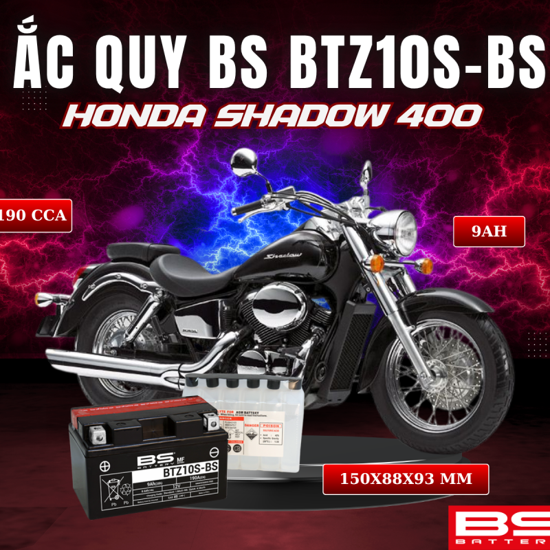 ẮC QUY BS BATTERY BTZ10S-BS 190CCA HONDA SHADOW 400 (150 x 88 x 93 mm)