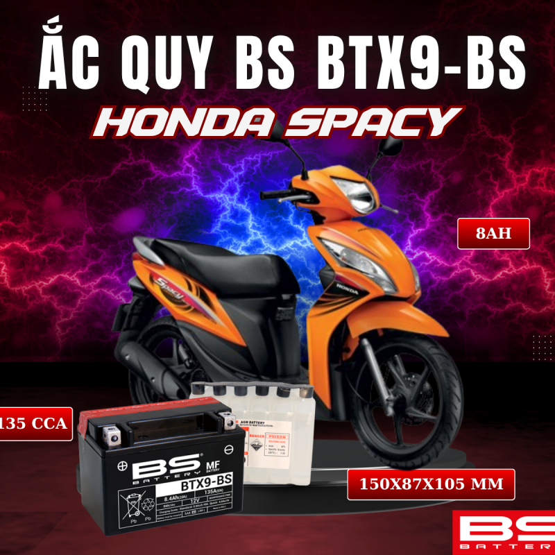 BÌNH ẮC QUY BS BATTERY BTX9-BS 135CCA HONDA SPACY (150 x 87 x 105 mm)
