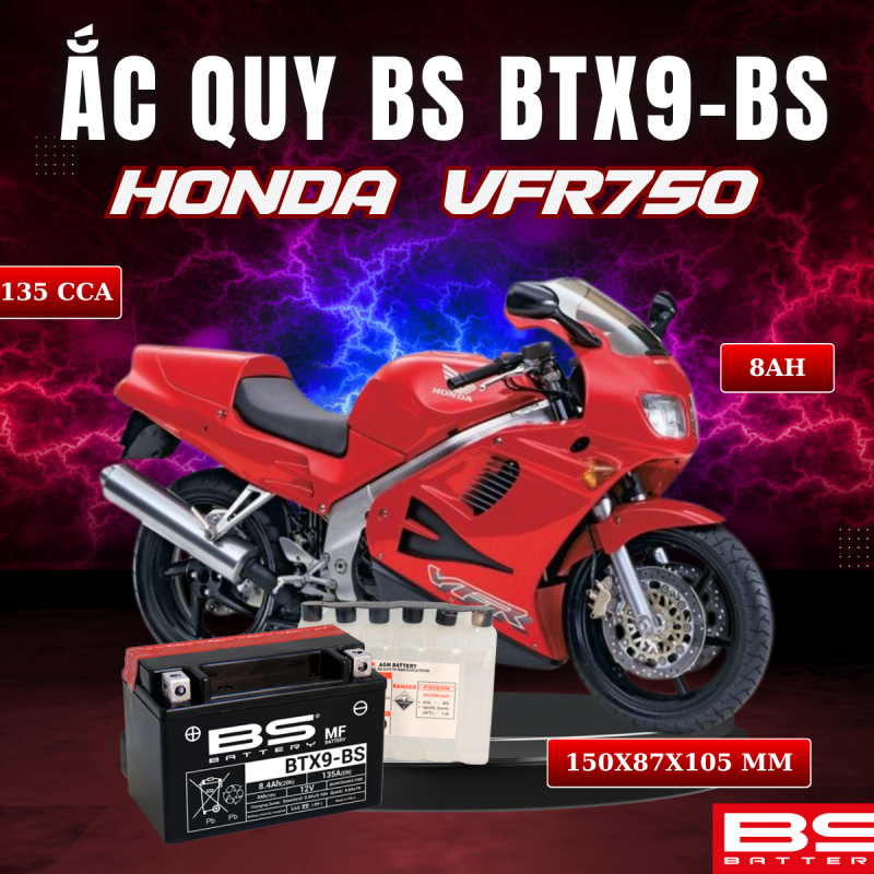 BÌNH ẮC QUY BS BATTERY BTX9-BS 135CCA HONDA VFR750 (150 x 87 x 105 mm)