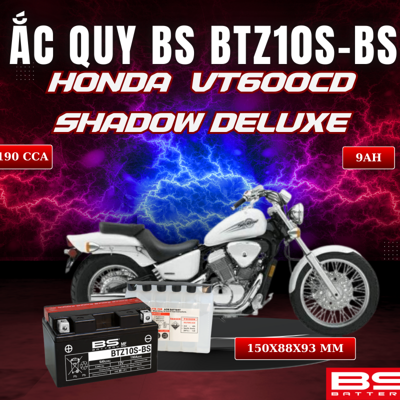 BÌNH ẮC QUY BS BATTERY BTZ10S-BS 190CCA HONDA VT600CD SHADOW DELUXE (150 x 88 x 93 mm)