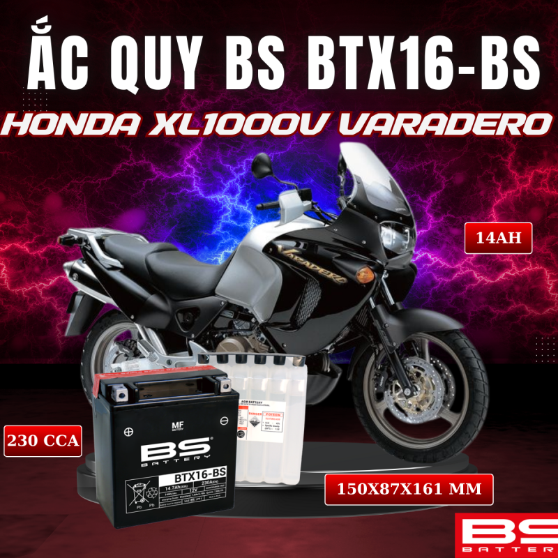 BÌNH ẮC QUY BS BTX16-BS 230CCA HONDA XL1000V VARADERO (150x 87x 161mm)