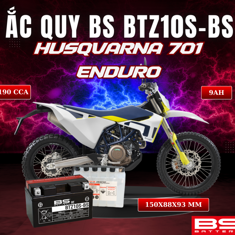 BÌNH ẮC QUY BS BATTERY BTZ10S-BS 190CCA HUSQVARNA 701 ENDURO (150 x 88 x 93 mm)