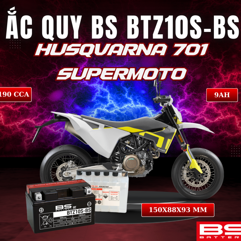 BÌNH ẮC QUY BS BATTERY BTZ10S-BS 190CCA HUSQVARNA 701 SUPERMOTO (150 x 88 x 93 mm)